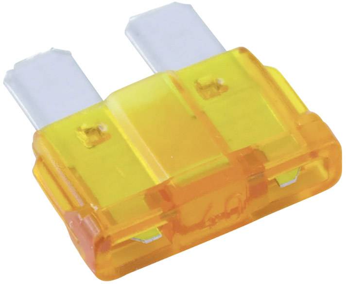 A yellow flat-pin fuse with two flat metal contacts, used for protecting vehicle or electronic devices.