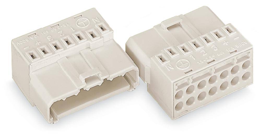 Two white electrical connectors, lying side by side. Both have numbered terminals, one is open, the other closed.