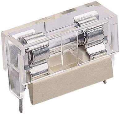 A transparent plastic fuse holder with metal contacts that encloses a glass cartridge fuse.