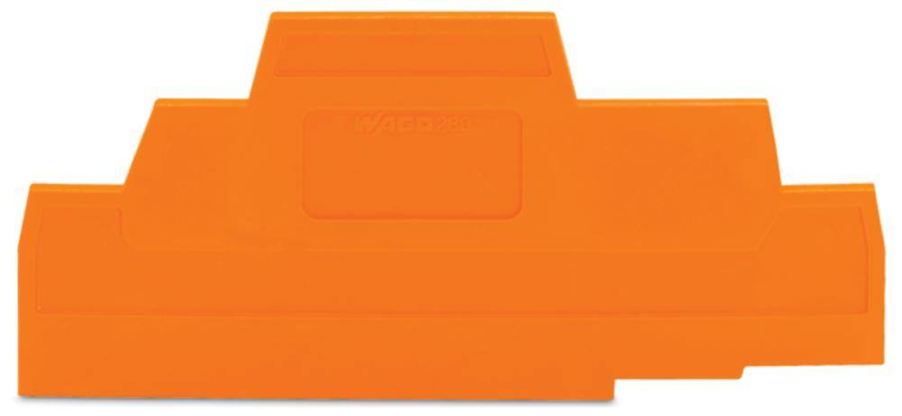 Orange plastic switchboard enclosure, rectangular with stepped levels and a central recess, without visible connections.