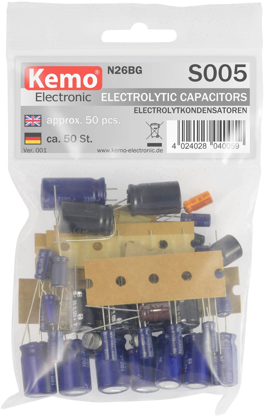 Bag containing approximately 50 electrolytic capacitors of various sizes. Label includes product specifications and item number S005.