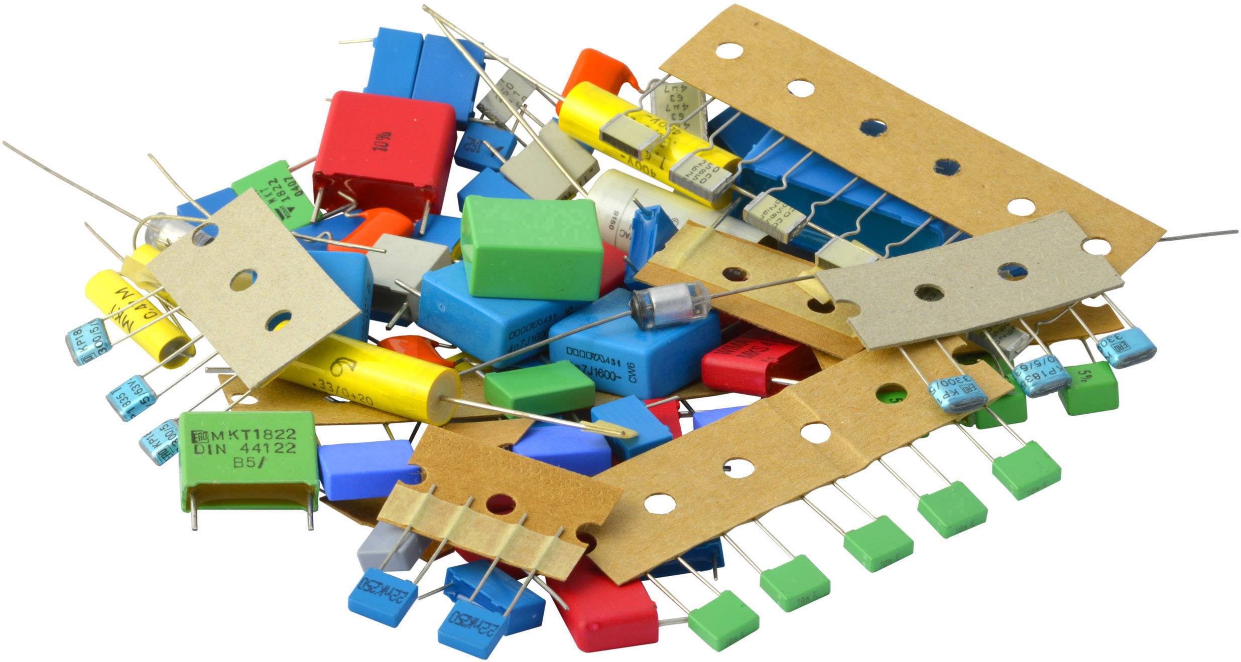 A collection of colourful electronic components, including resistors, capacitors, and diodes, on a white background.