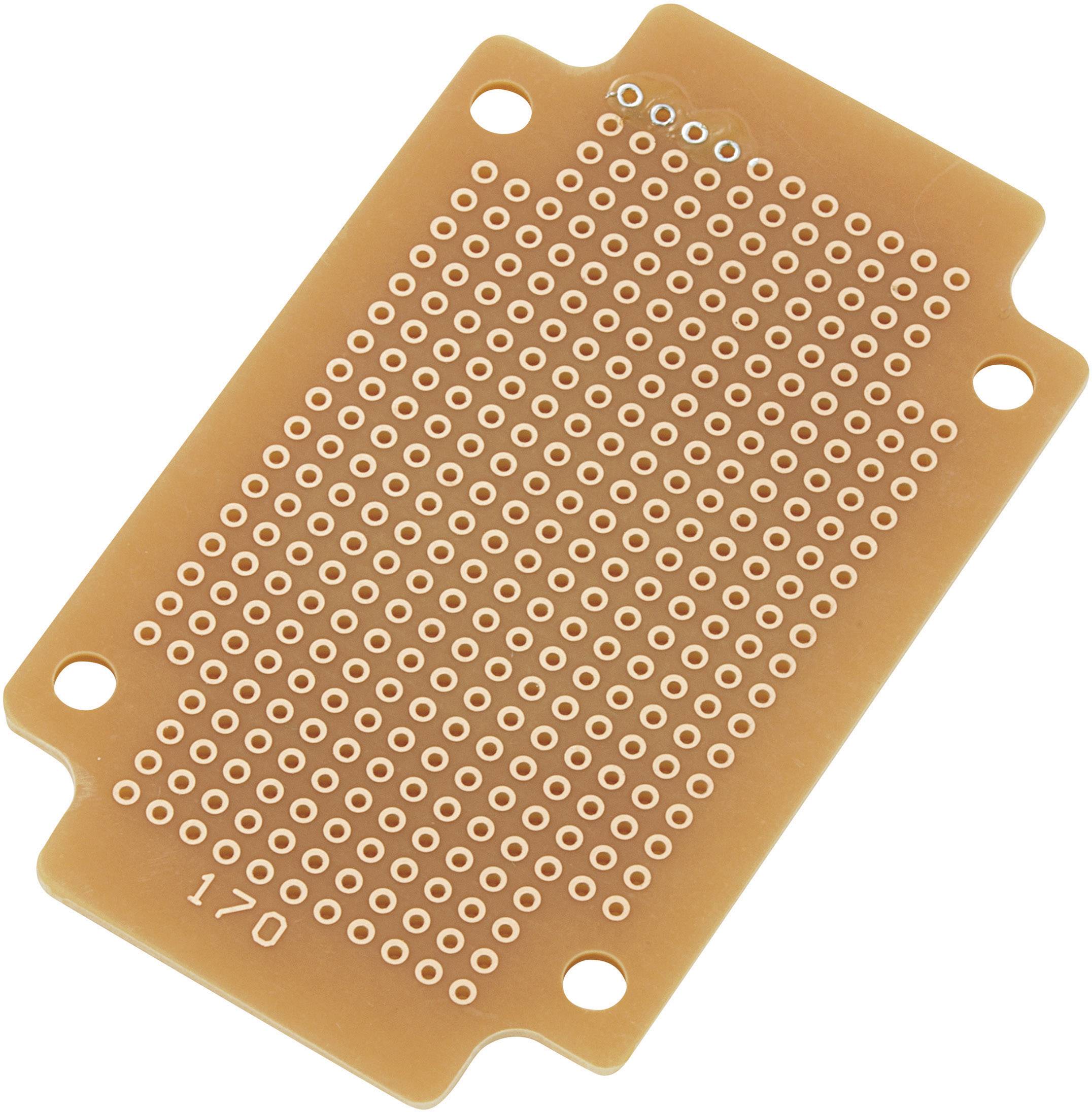 Brown perforated stripboard with a rectangular shape and multiple holes. Suitable for constructing electronic circuits.