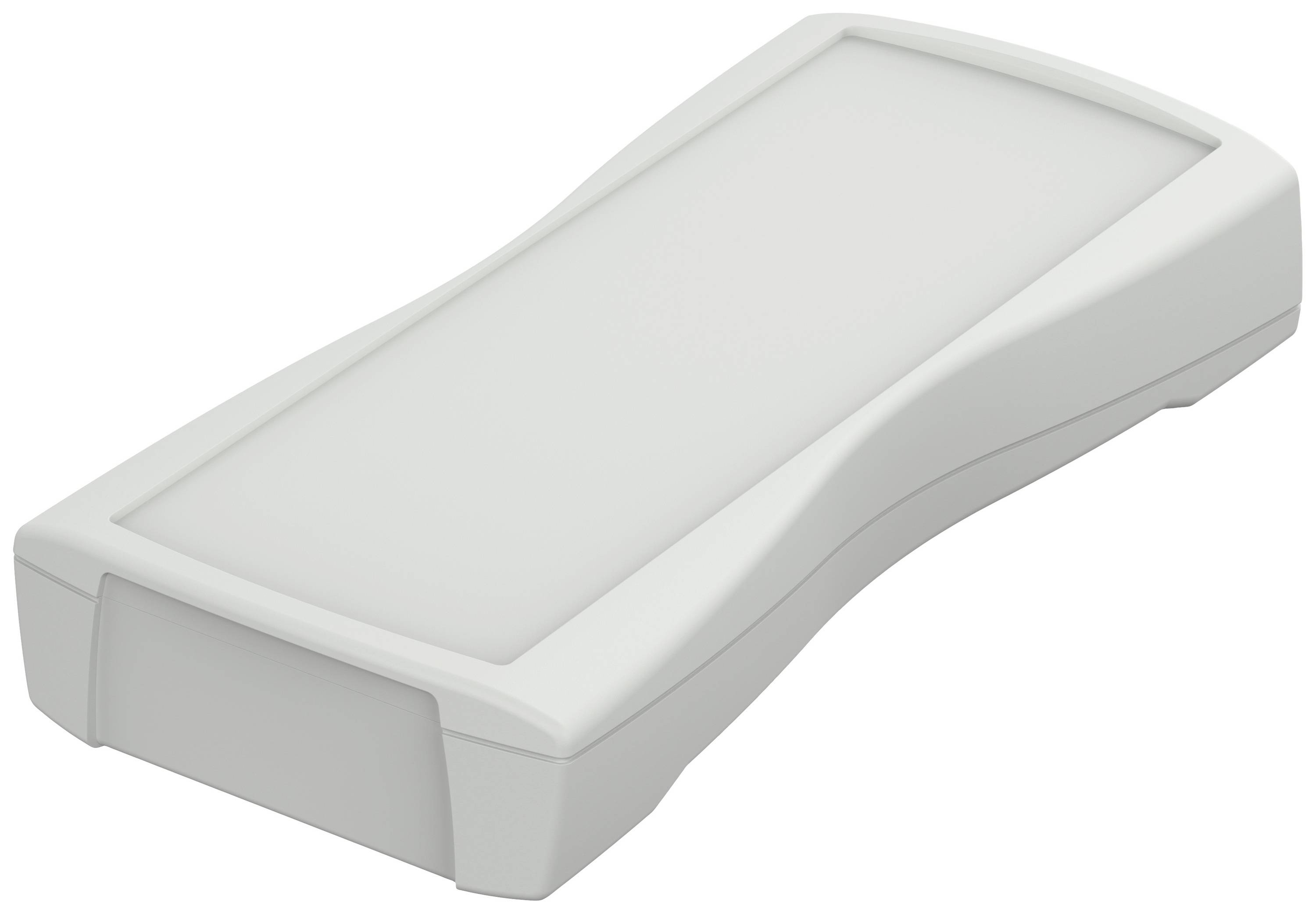 A flat, rectangular plastic enclosure with rounded edges, used for housing electronic devices.