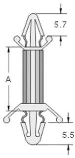 Technical drawing of a plastic wall plug with two dimensional specifications: top 5.7 mm, bottom 5.5 mm, vertical length 'A'.