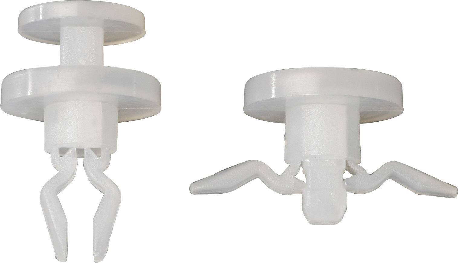 Two white plastic clips for attaching panels or cladding. On the left, a closed clip, on the right, an open clip.