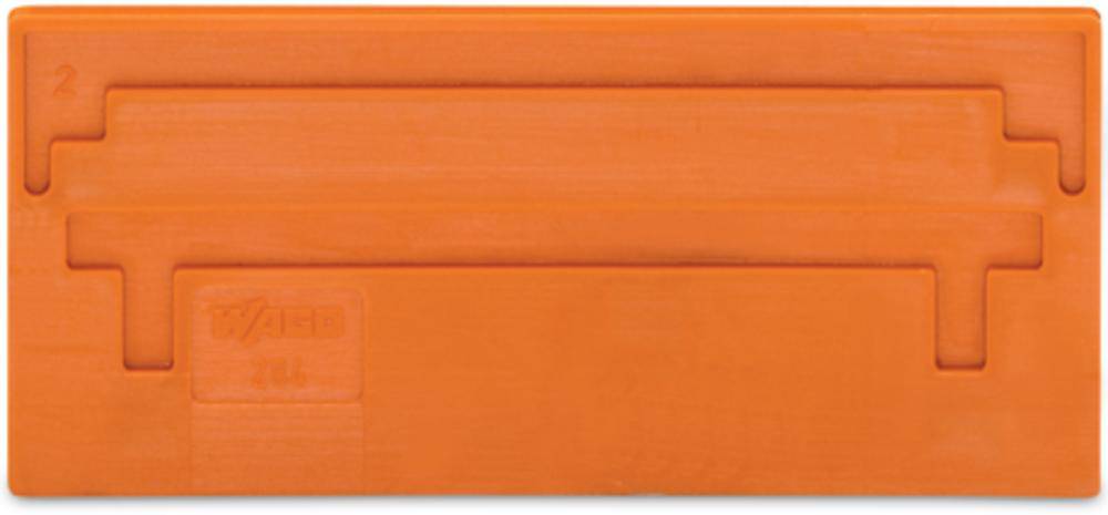 Orange plastic moulding die-cutting tool with multiple slots, two levels, and a marking in the bottom right corner, in a rectangular shape.