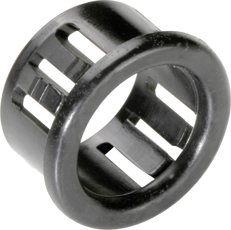 Black plastic bearing with slots, cylindrical in shape, likely designed for accommodating a rotating axis or shaft.