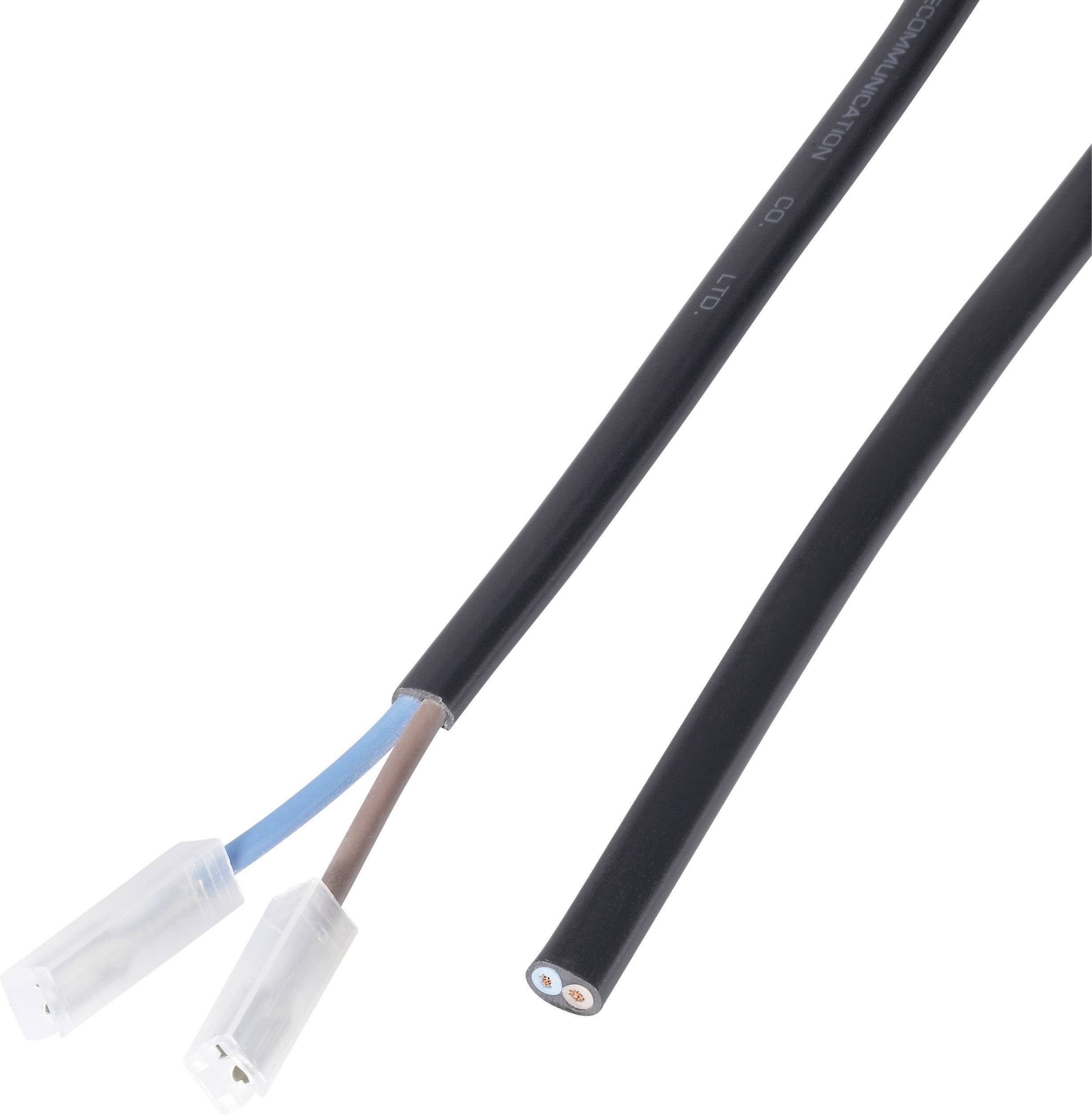 Two-core power cable with blue and brown insulation, plastic plug connectors at one end and exposed copper tips.