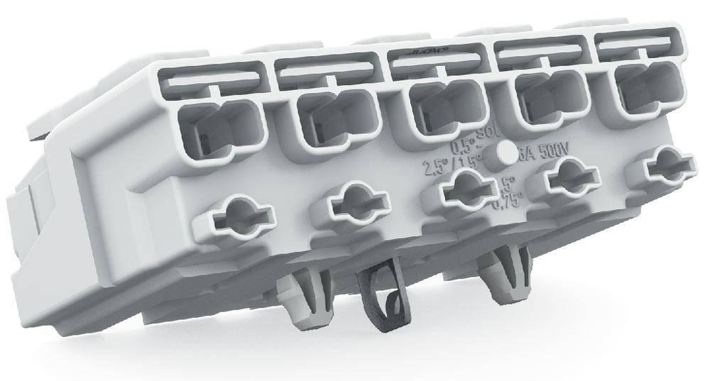 A white, rectangular multi-socket adaptor with several socket openings, suitable for electrical connections and wiring.