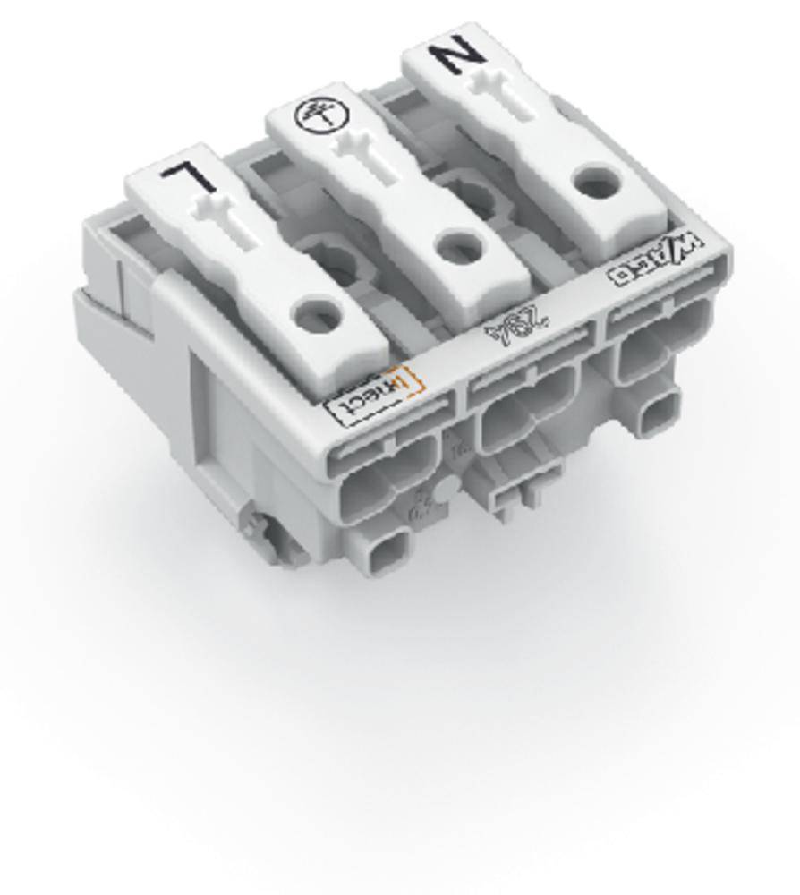 WAGO plug-in terminal block, white, three-pole, with labels L, N and earthing symbol, suitable for electrical connections.