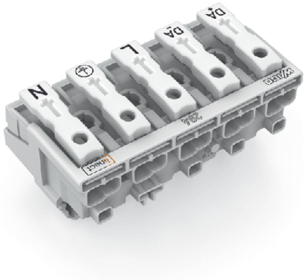 Terminal block with five terminals, labelled 'N', 'L', and two 'DA'. Used for wiring in electrical installations.