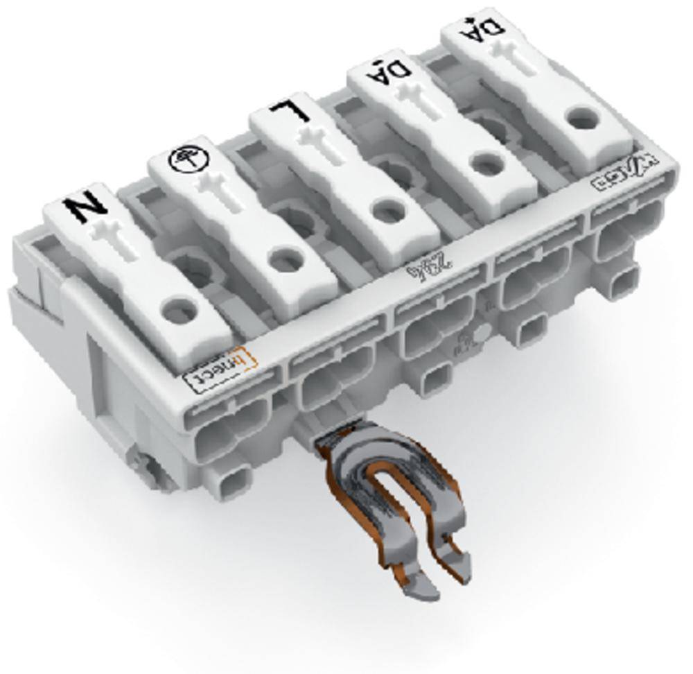 A white electric plug block with five labelled terminals ('N', 'L', 'DA', 'DA'), showing a metal connection at the bottom.