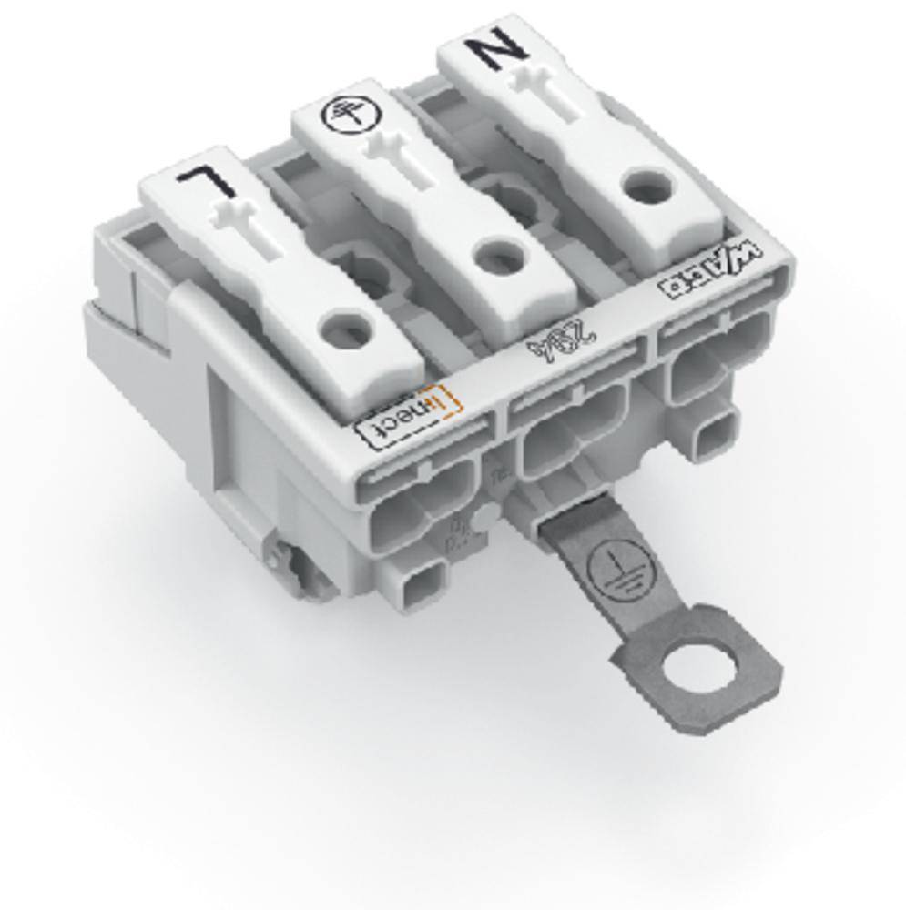 A white three-pole electrical terminal block with labels 'L', 'N' and earth symbol on the terminals.