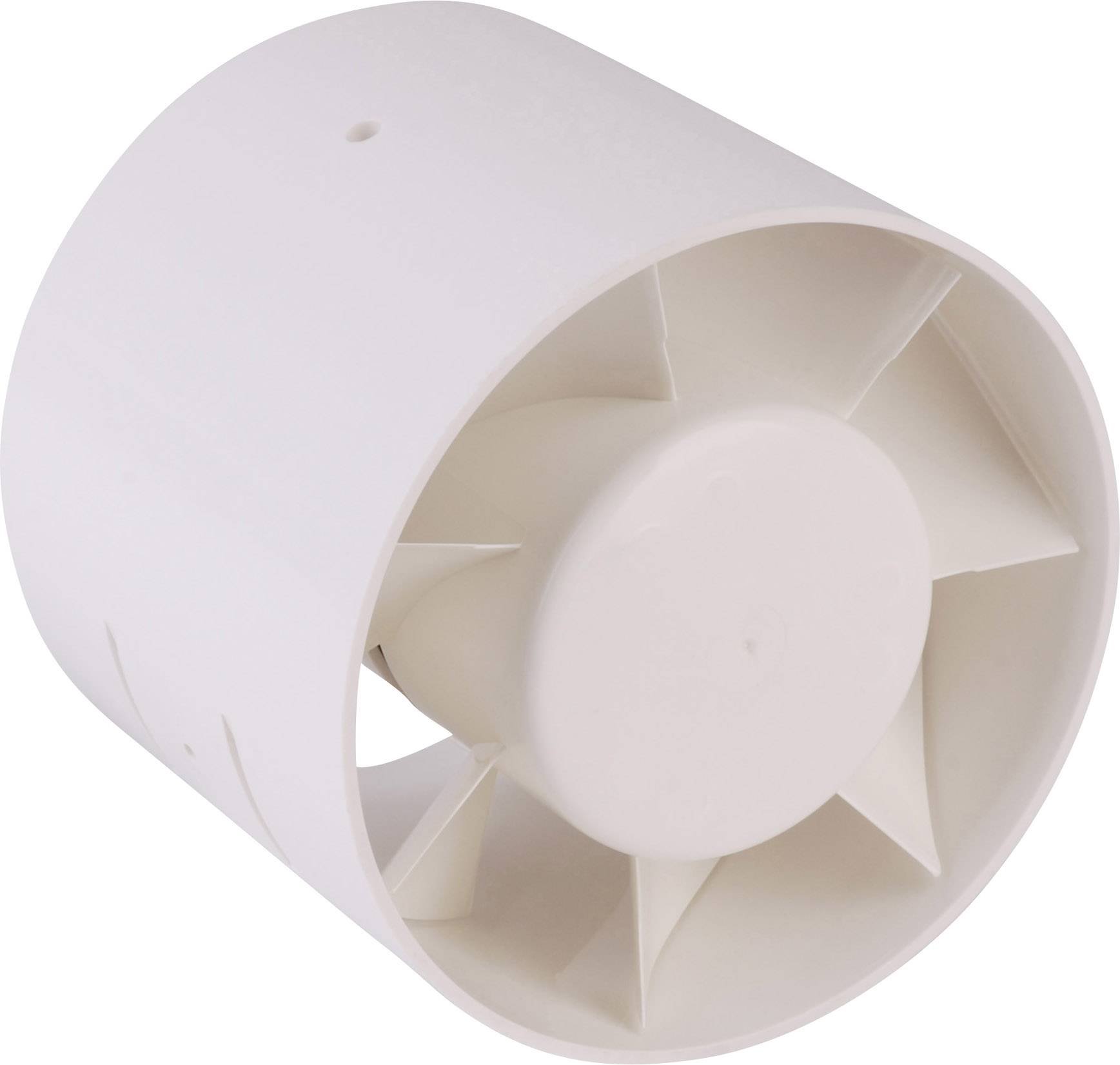 A white plastic fan with multiple blades designed for ventilation. The fan is cylindrical in shape and compact.