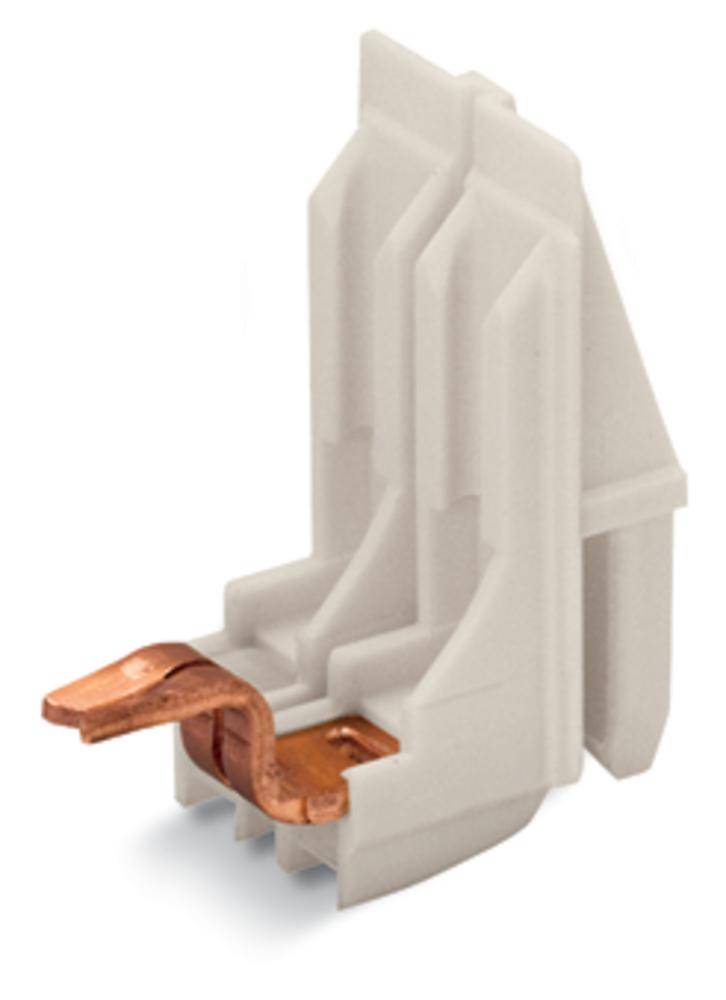 A small, white plastic plug with two copper-coloured contacts used for connecting electronic components.