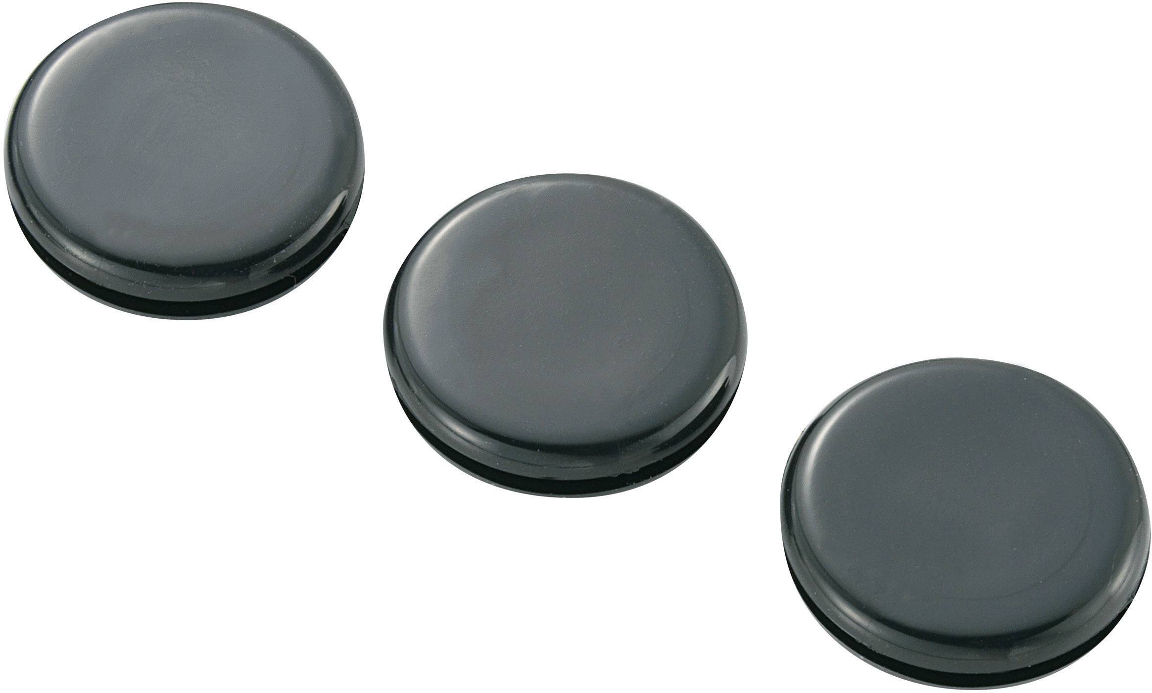 Three black round magnets in a row on a white background.