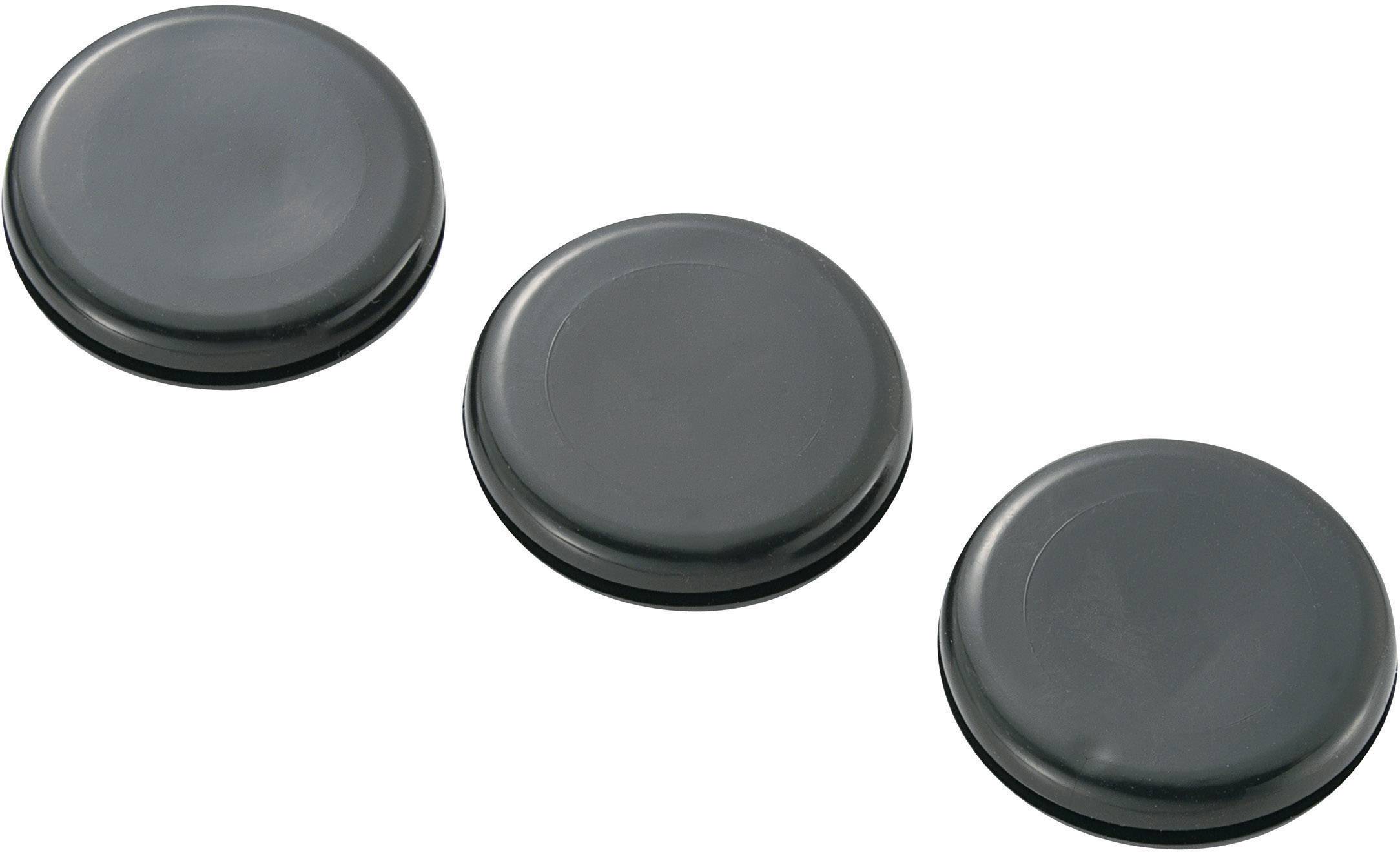 Three black plastic lids side by side on a white background.