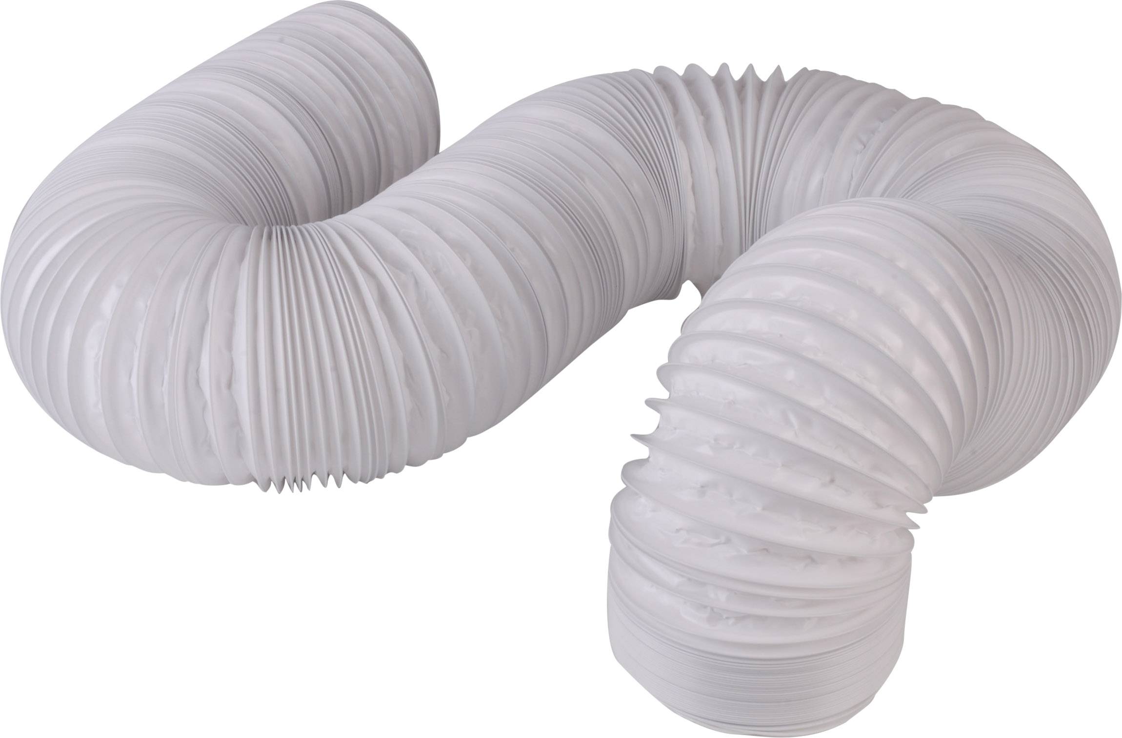 A flexible, white ventilation duct with a corrugated structure, winding in an S-shape. Suitable for air intake or extraction systems.