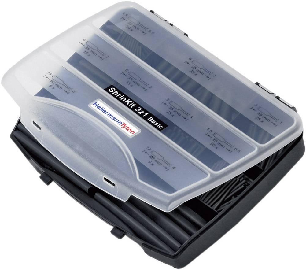 An open, transparent case with a shrink tube assortment. Label reads: 'Shrinkit 3:1 Basic'.