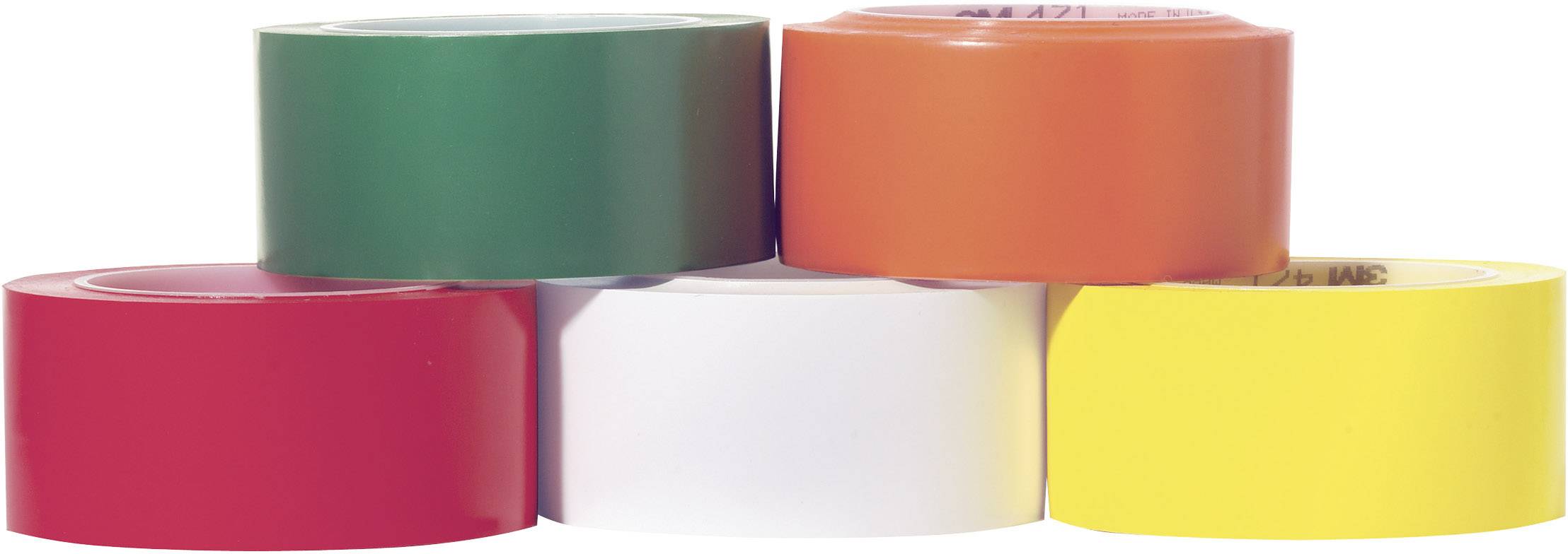Five coloured rolls of adhesive tape in red, green, orange, white and yellow, arranged side by side.