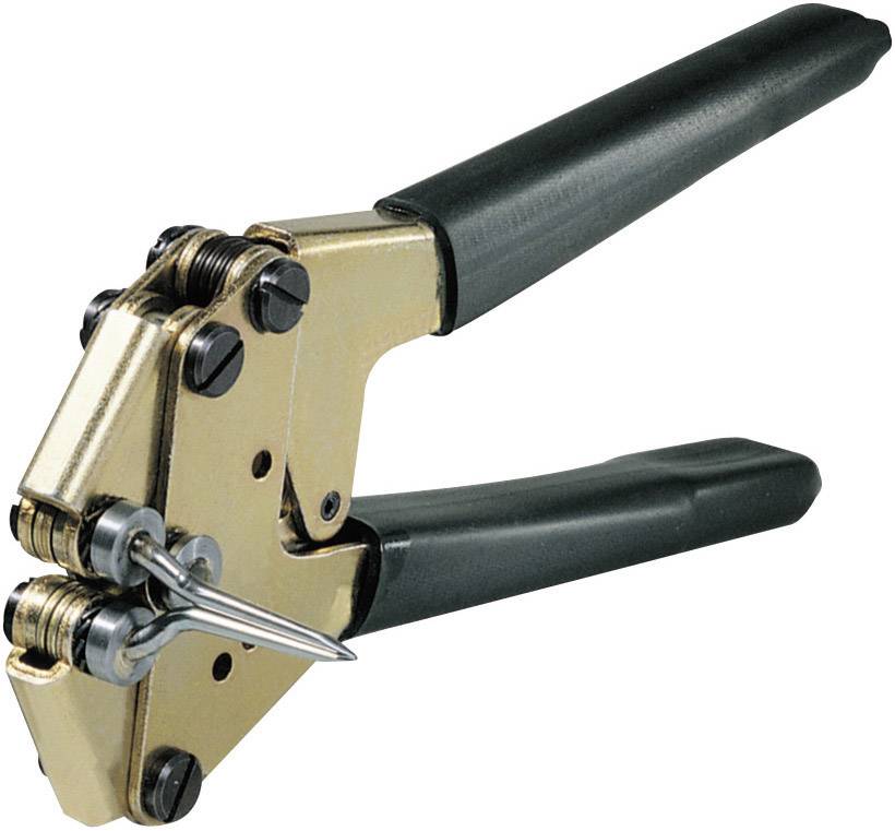 A golden binding machine with black handles for sealing metal straps in packaging technology.