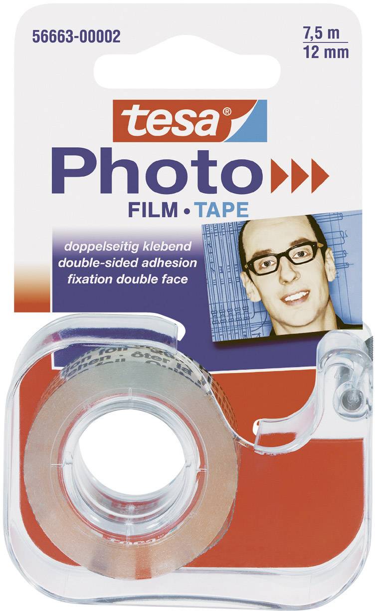 A roll of double-sided adhesive tape by 'tesa', 7.5 metres long, 12 mm wide, in packaging with a face printed on it.
