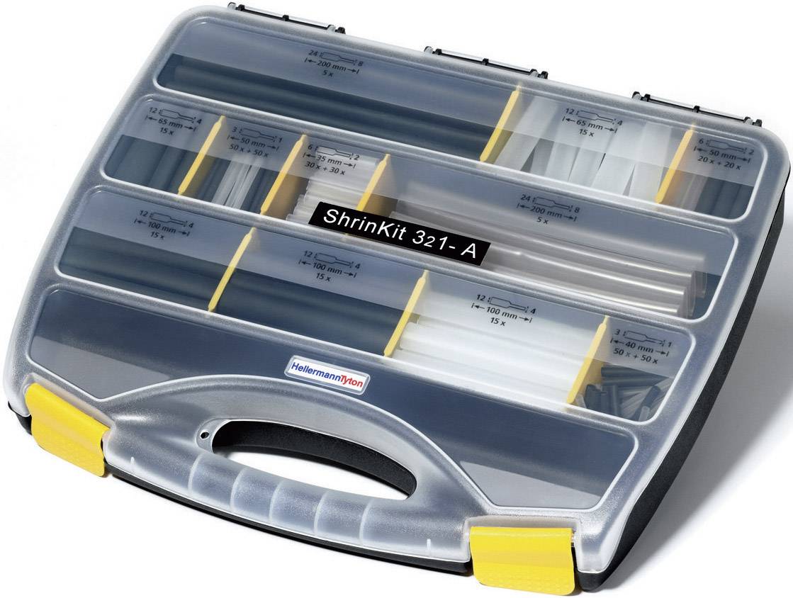 A transparent plastic organiser with yellow closures, filled with various heat shrink tubing sizes, labelled as 'ShrinkKit 321-A'.