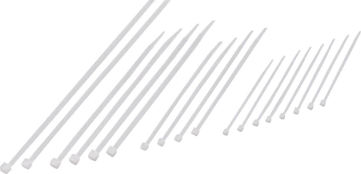 Several white cable ties of varying lengths on a white background, arranged in ascending order from left to right.