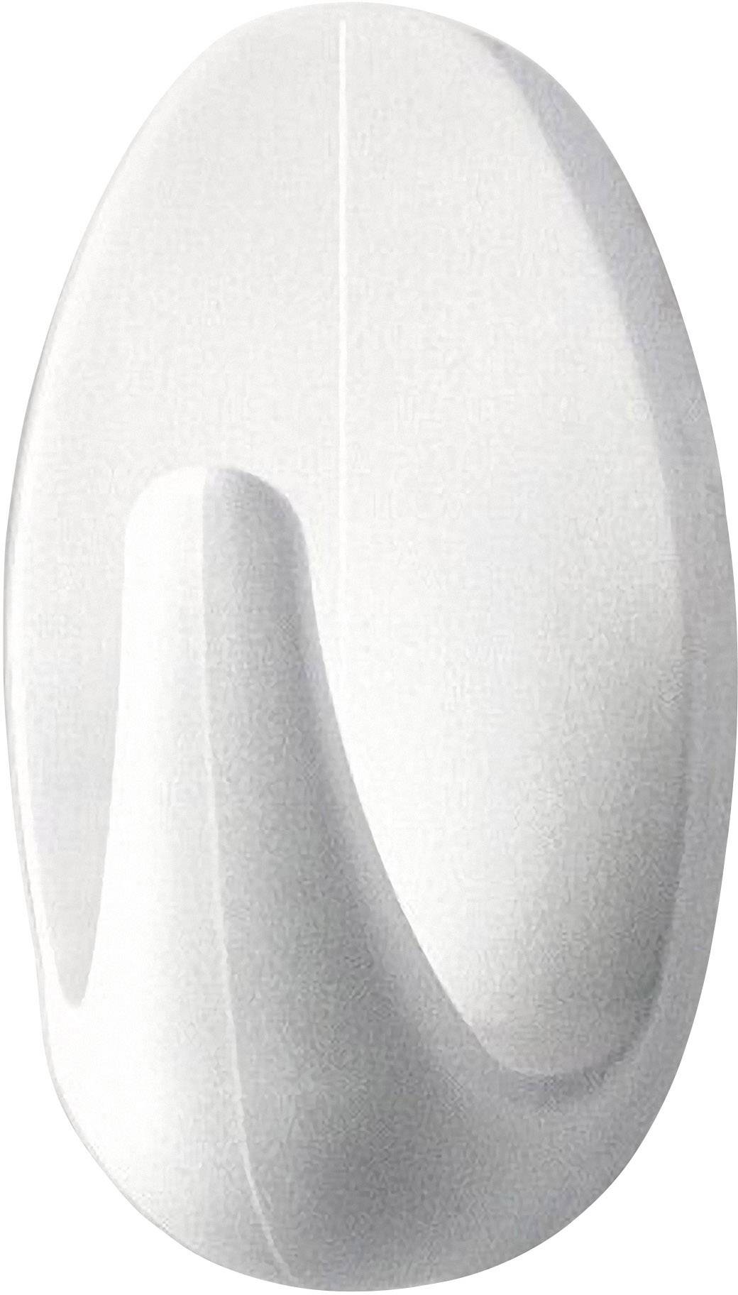 A white, oval plastic wall hook with a slightly curved shape, suitable for hanging light objects.