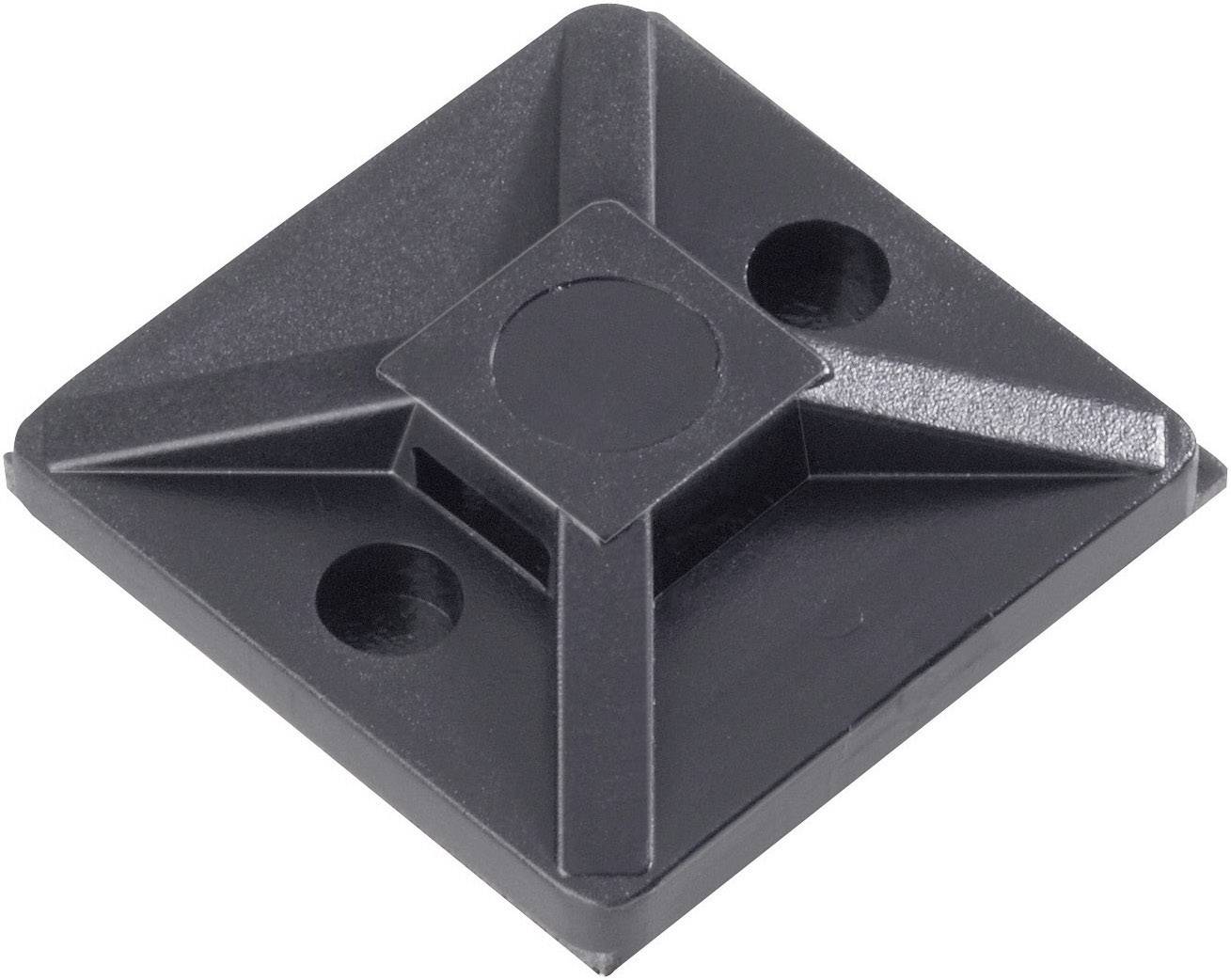 Black square cable tie mount with two fixing holes for cable organisation, lightly textured.