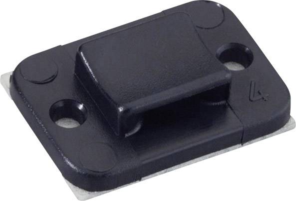 Black, rectangular plastic component mounted on a metal plate, with a raised central section and two holes.