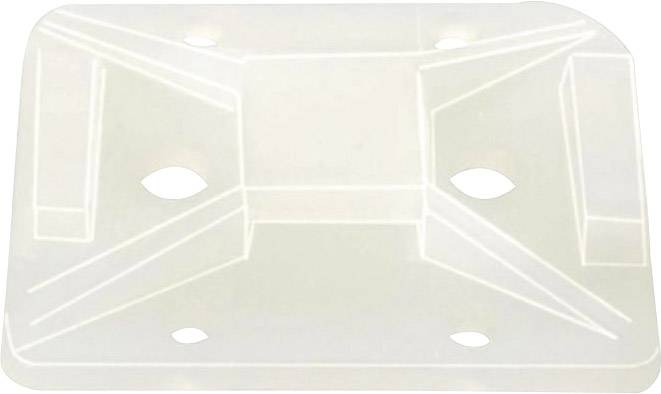 A rectangular plastic component with four oval openings in the centre, used for fastening or as a connecting piece in a construction.