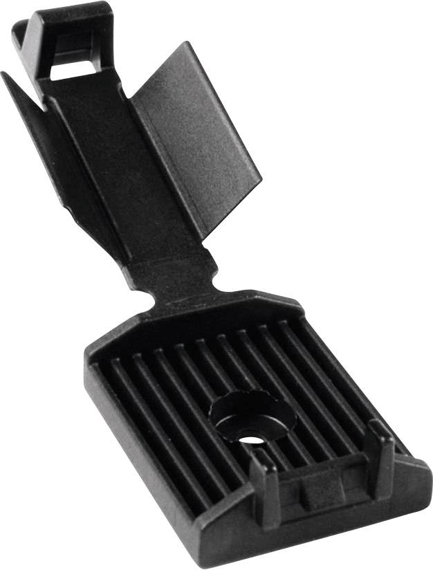 A black, rectangular plastic clip with a ribbed base and a hole in the centre, used for cable fastening.