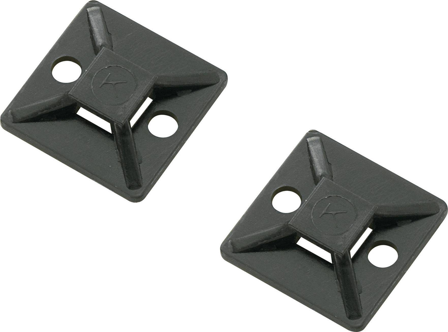 Two black square cable tie mounting brackets, each with two holes for securing to surfaces.