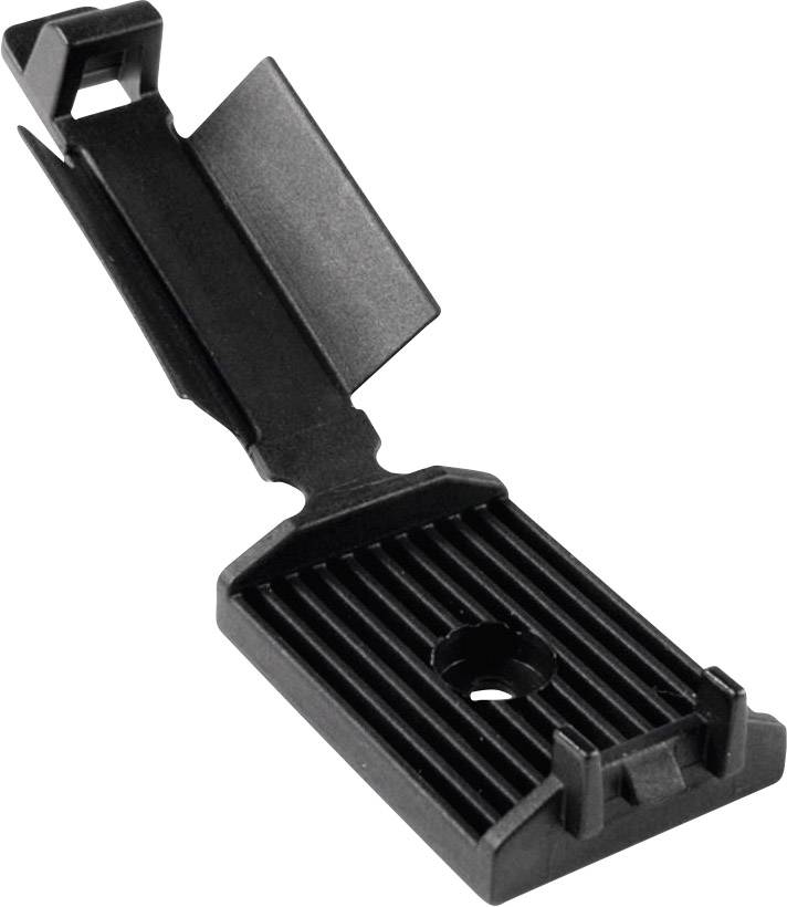Black plastic fixing clip, rectangular with grooves, side wings, and central hole.