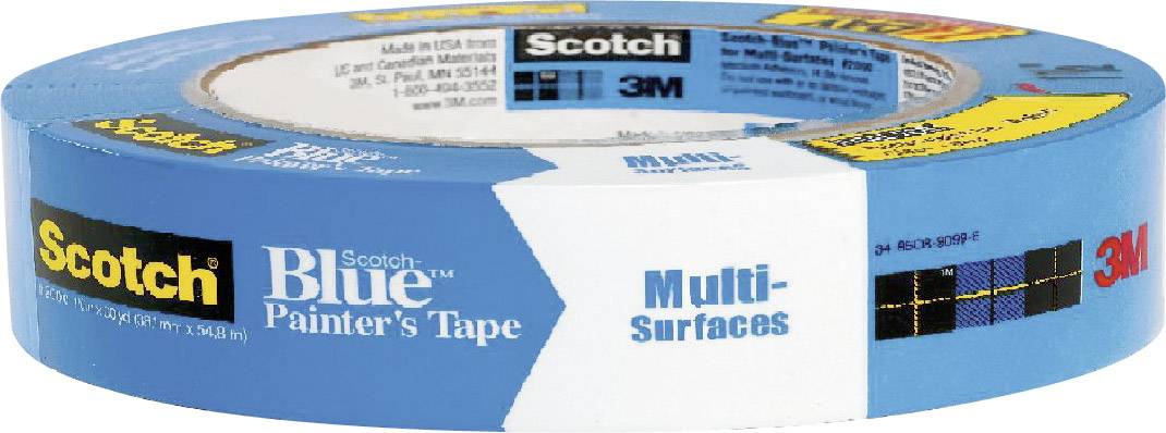 A blue painter's masking tape by Scotch for versatile surfaces, surrounded by descriptions and brand logos.