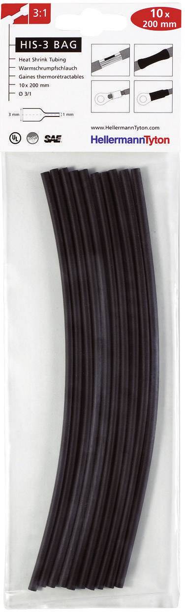 Heat Shrink Tube Set in packaging. Contains ten pieces, 200 mm long. Suitable for cable insulation. Brand name at the top, black colour.