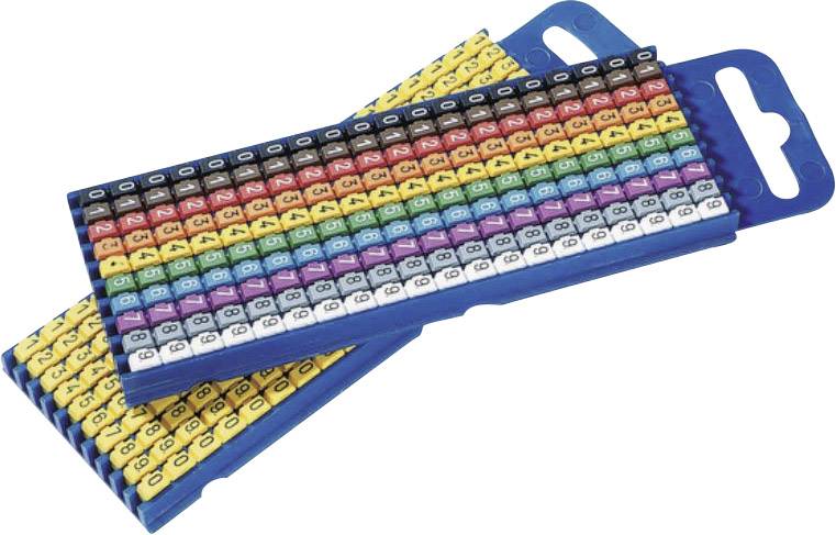 Two cable clips with colourful, numbered cable markers, arranged by colour and number, on a blue plastic base.