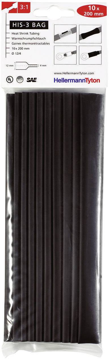 Heat shrink tube set 'HIS-3 BAG' by HellermannTyton, black, pack of 10, 200 mm length, shrink ratio 3:1, for cable insulation.