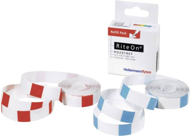 Three rolls of label tape in white with red and blue markings and a refill pack. Brand: RiteOn, Article number R0201REF.