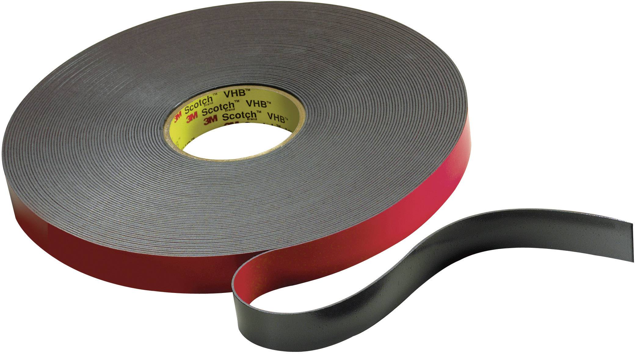 A large roll of black adhesive tape with red protective film, partially unrolled, shows the brand mark '3M Scotch VHB'.