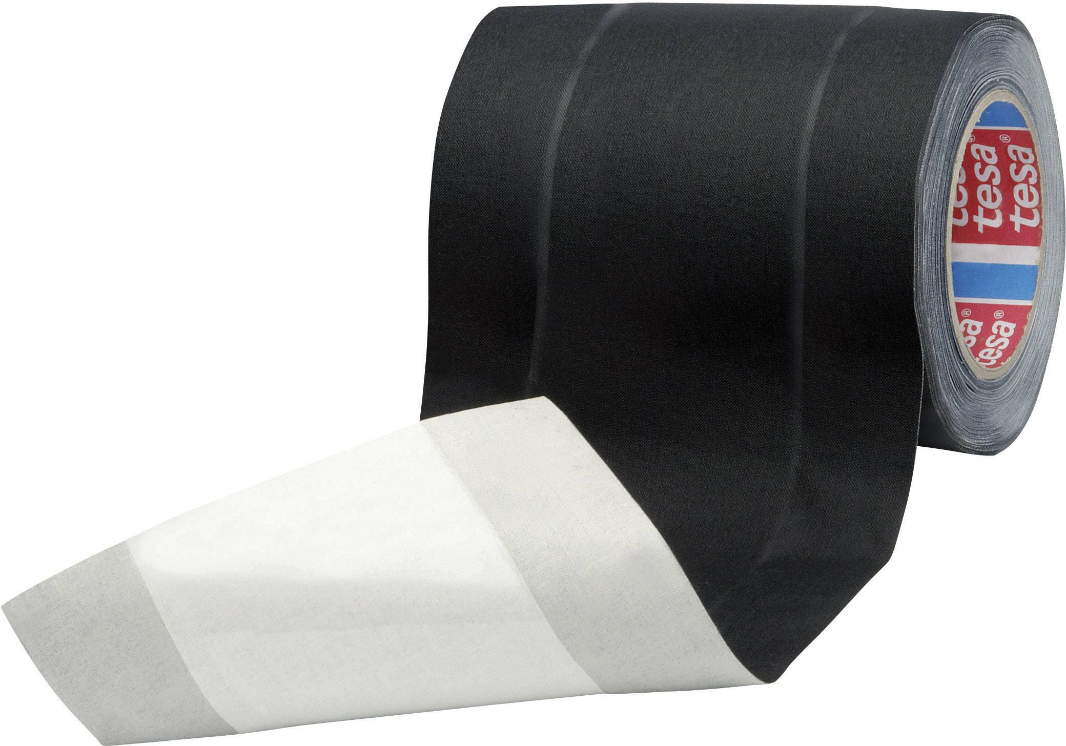 A partially unrolled black adhesive tape roll with a visible brand label inside the roll.