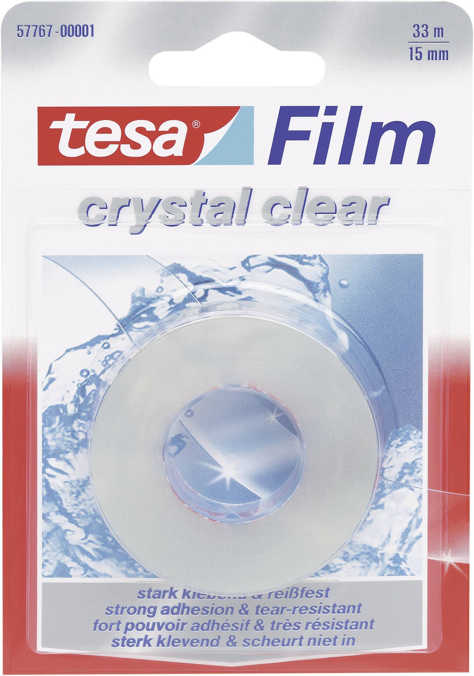Packaging for 'tesa Film crystal clear'. Contains a transparent adhesive tape roll, 33 m long and 15 mm wide. Strongly adhesive and tear-resistant.