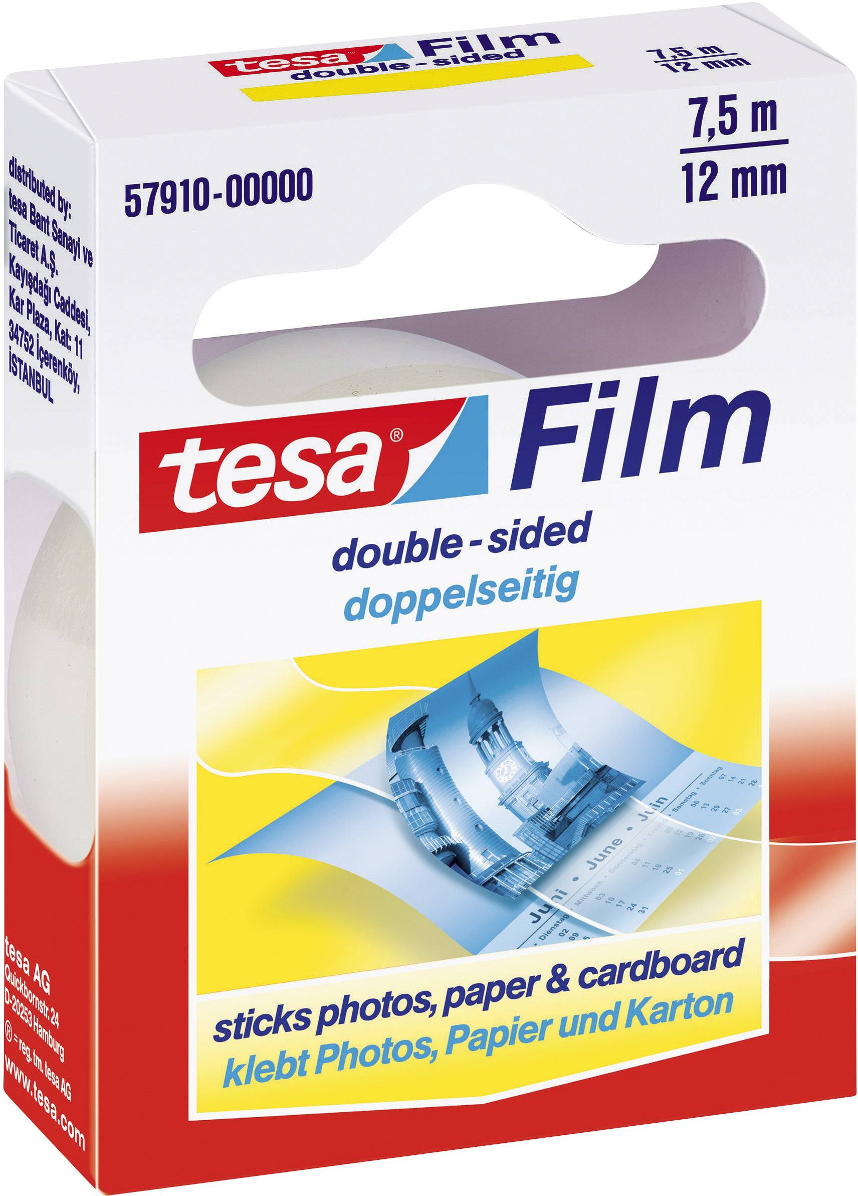 Double-sided adhesive tape by Tesa in packaging. Text: 'sticks photos, paper and cardboard'. 7.5 m length, 12 mm width.