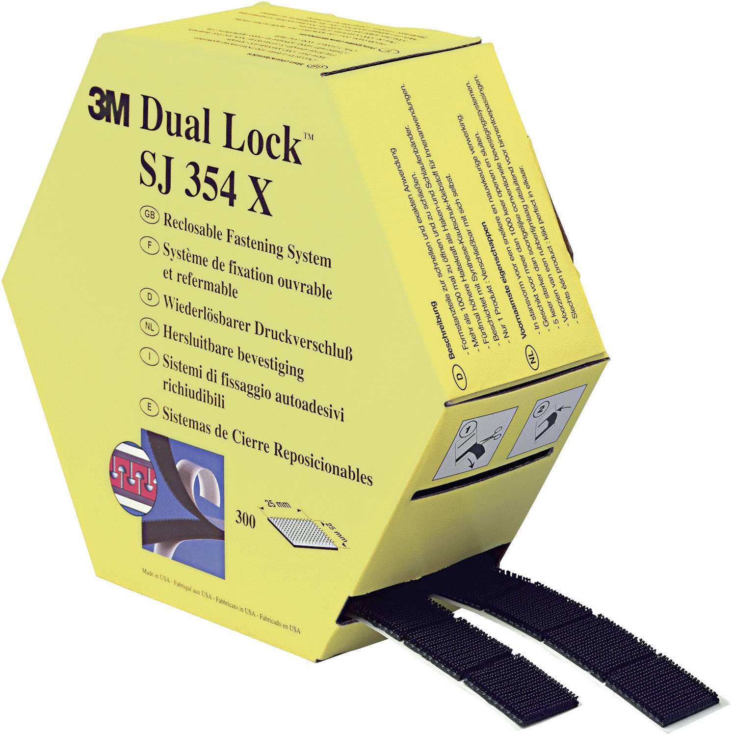 Yellow packaging of the 3M brand with the inscription 'Dual Lock SJ 354 X'. Contains reusable fastening elements.