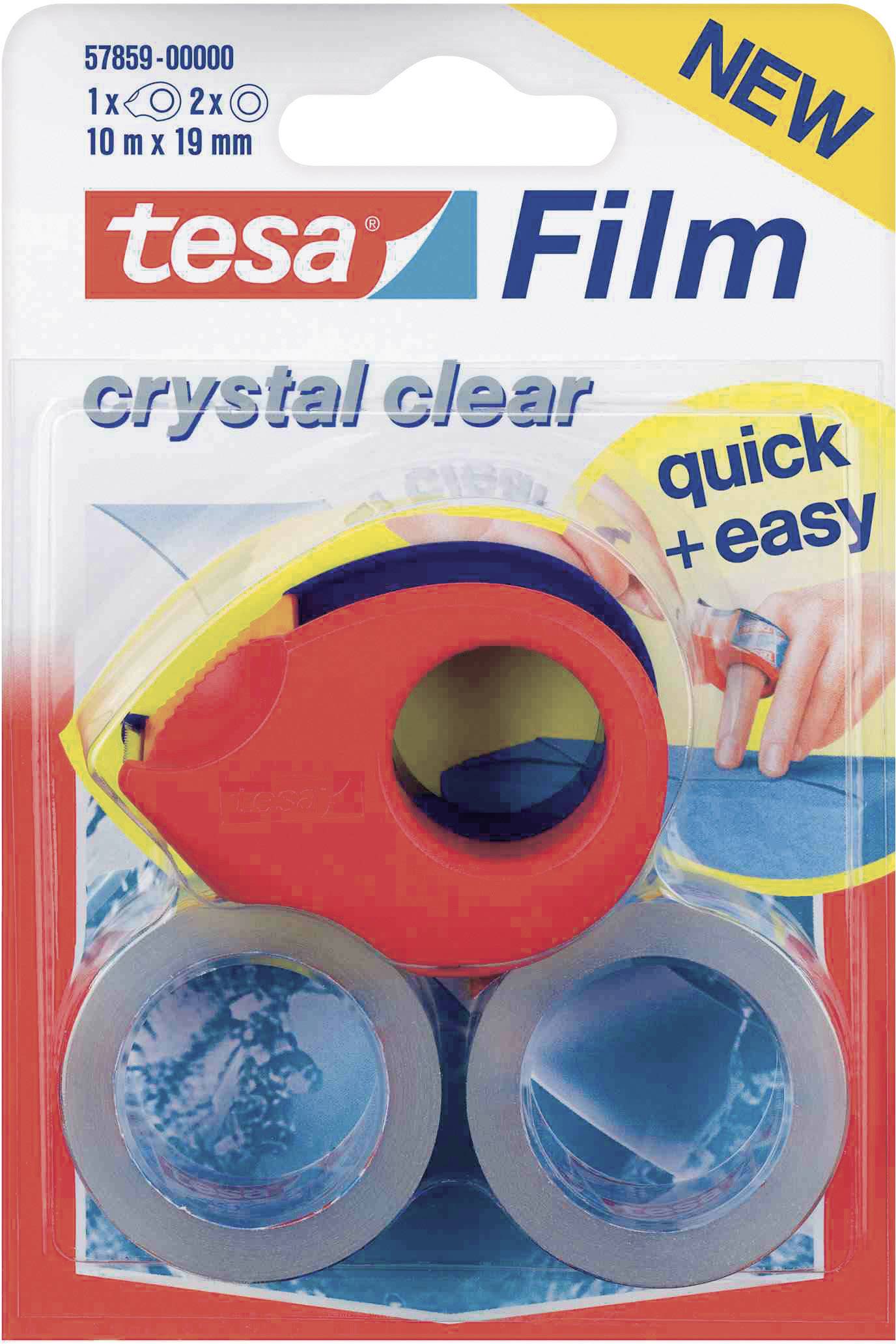 Packaging of 'tesa Film' with a red dispenser and two rolls. The film is crystal clear, quick and easy to use.