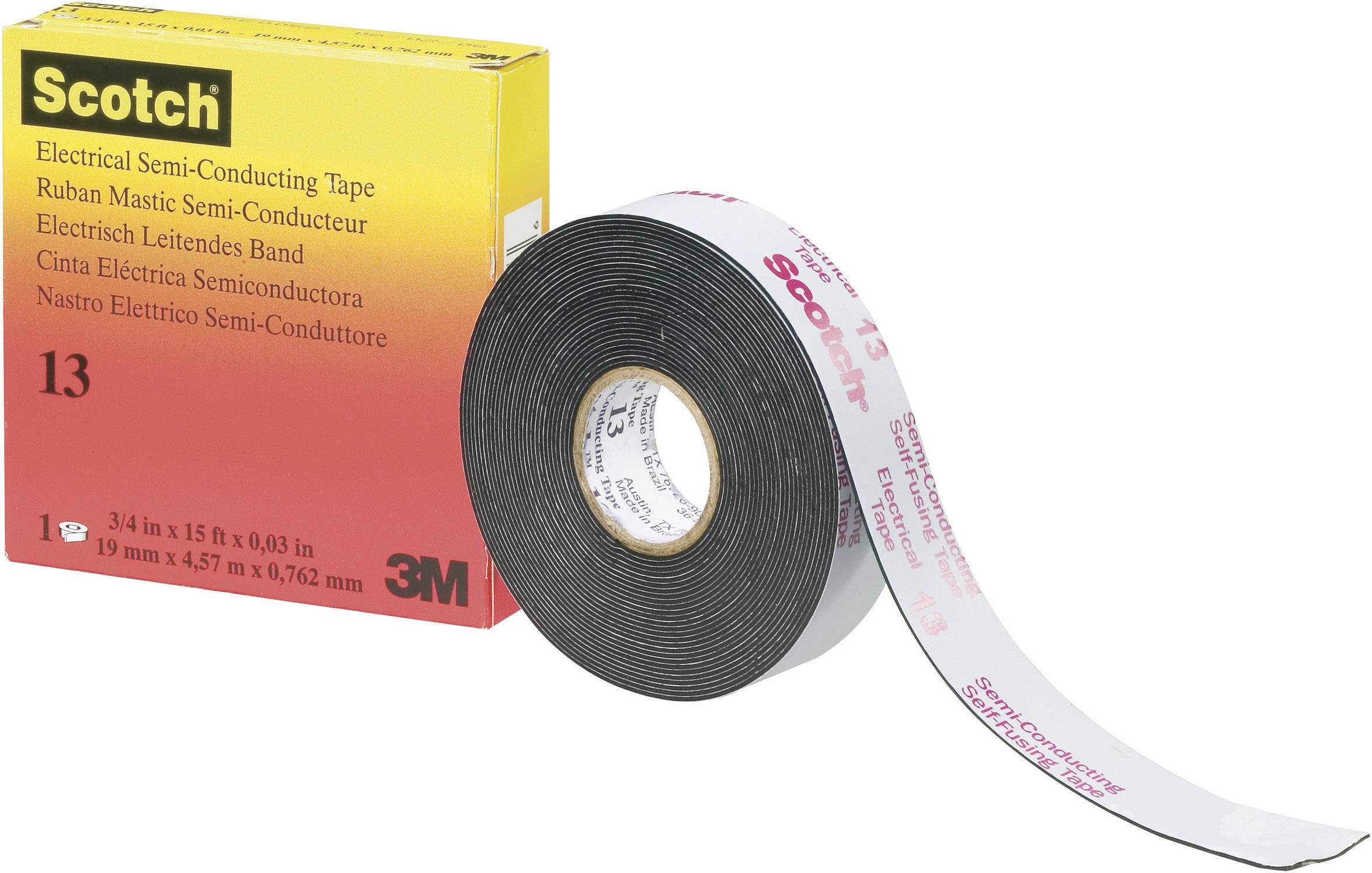 A roll of black, semi-conductive insulating tape from Scotch, in the foreground. A yellow packaging with prints on the left side of the image.