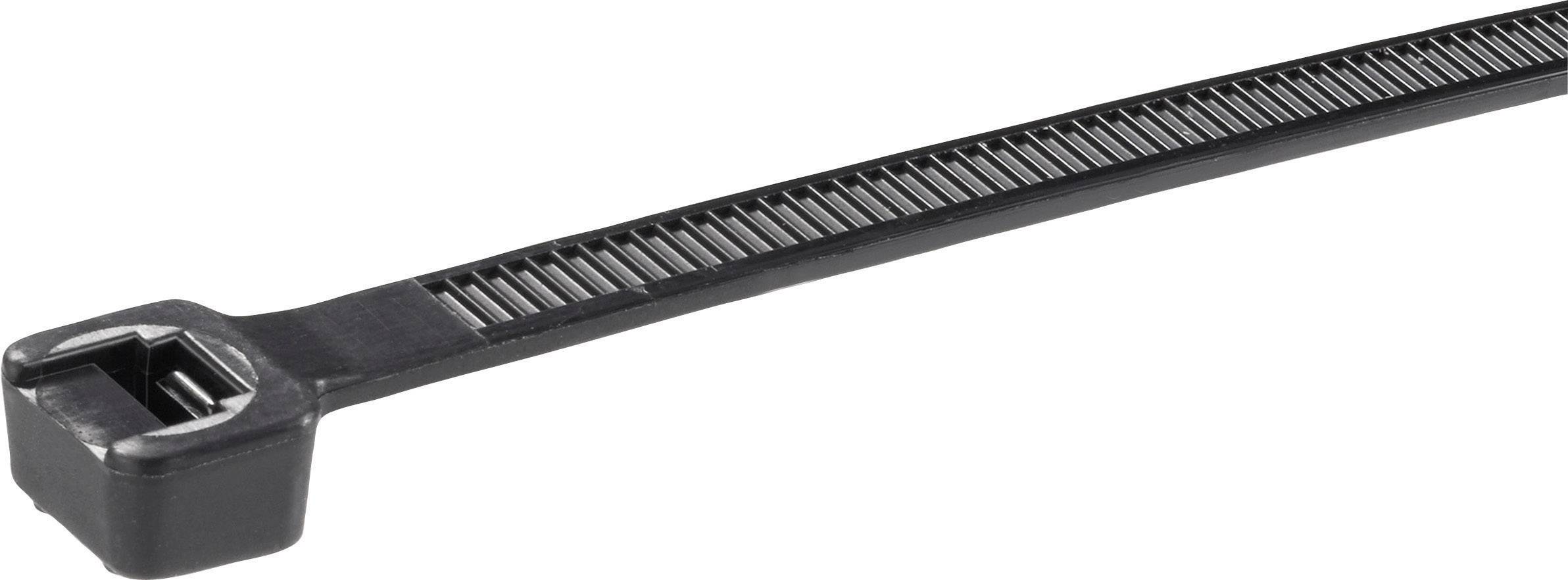 A black plastic cable tie, showing the locking mechanism and the elongated serrated structure that allows for tightening.