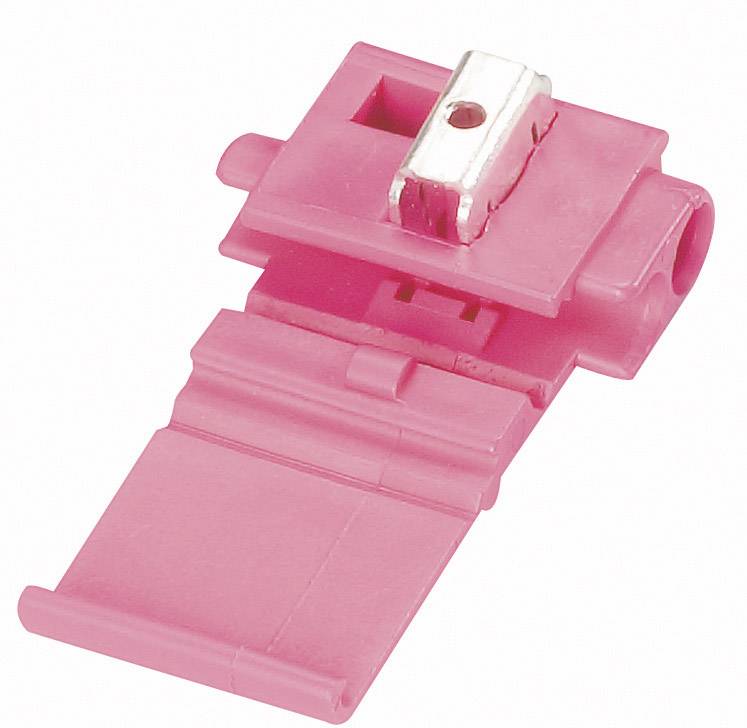A pink cable connector with a metal contact that is half open. Used for quick and easy cable connection.